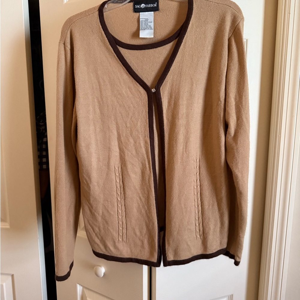 Sag Harbor Tan Cardigan with Brown Accents 1